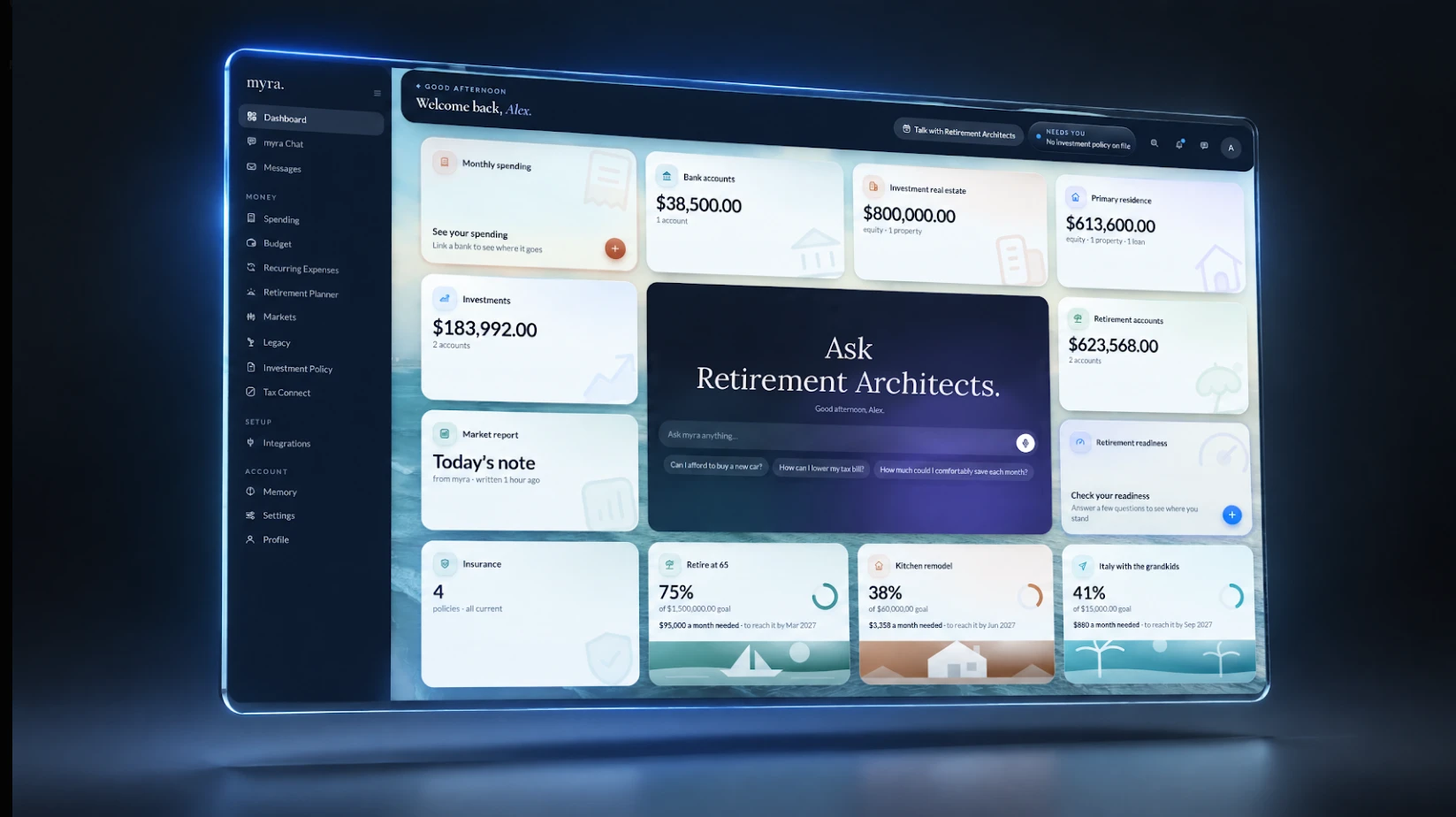 The myra. dashboard: monthly spending, bank accounts, investments, real estate, retirement accounts, insurance and goals in one view, with myra ready to answer questions