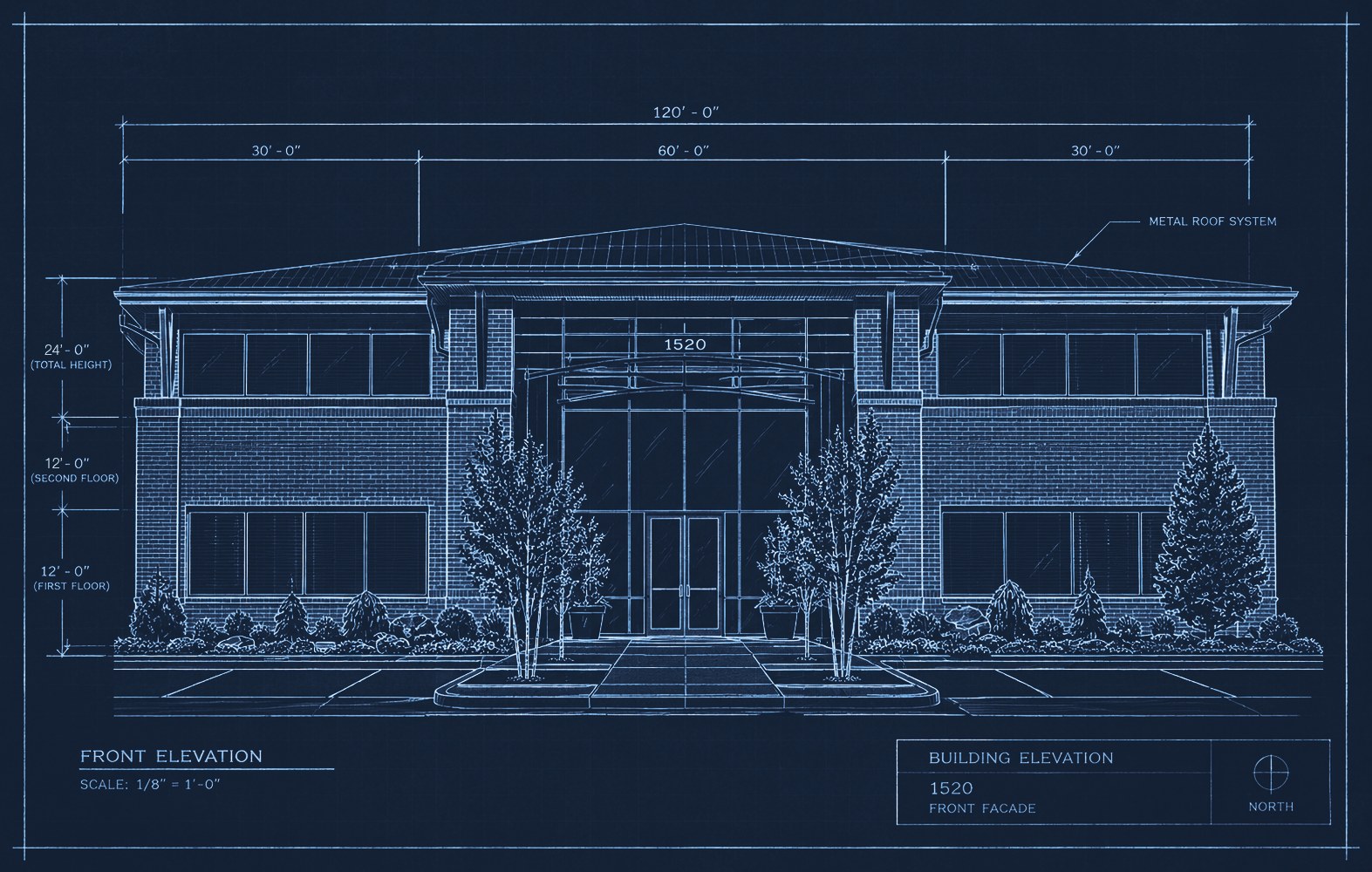 Front elevation drawing of the Retirement Architects office building, 1520